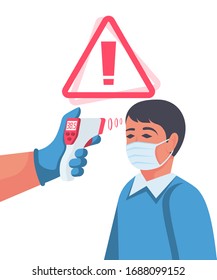 Temperature check concept. Symptoms of disease. Attention high temperature. Patient with coronavirus. Non-contact thermometer in hand. Virus prevention. Epidemic 2019-ncov. Vector flat design.