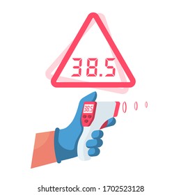 Temperature check concept. Symptoms of disease. Attention high temperature. Patient with coronavirus. Non-contact thermometer in hand. Virus prevention. Epidemic 2019-ncov. Vector flat design.