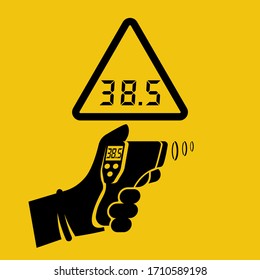 Temperature check concept. Symptoms of disease. Attention high temperature. Patient with coronavirus. Non-contact thermometer in hand. Virus prevention. Epidemic 2019-ncov. Vector flat design.