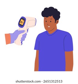 Temperature Check with Digital Thermometer. Man Getting Scanned Illustration. Illustrations for websites, landing pages, mobile apps, posters and banners