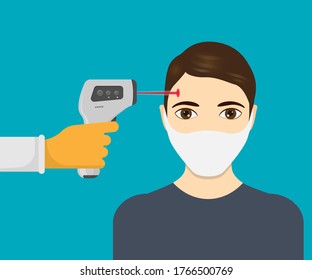 Temperature check. Doctor holding a non-contact thermometer in hand isolated on white background. Vector illustration.