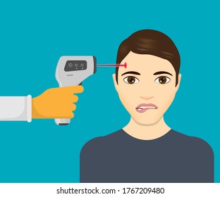 Temperature check. Doctor holding a non-contact thermometer in hand isolated on white background. Vector illustration.