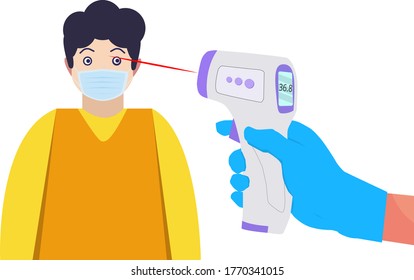 Temperature check. Doctor holding a non-contact thermometer in hand. Mask on the face. Coronavirus prevention. Epidemic 2019-ncov. Vector illustration flat design. Isolated on white background.