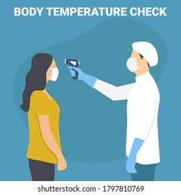 Temperature check. Doctor holding a non-contact thermometer in hand. Mask on the face. Coronavirus prevention. Epidemic 2019-ncov. Vector illustration flat design. Isolated on white background.