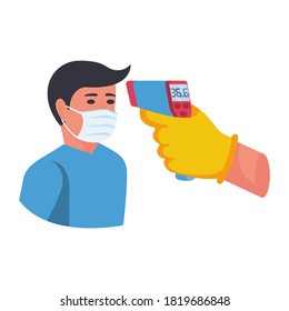 Temperature check. Doctor holding a non-contact thermometer in hand. Mask on the face. Coronavirus prevention. Epidemic 2019-ncov. Vector illustration flat design. Isolated on white background.