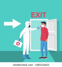 Temperature check at exit. Border precautions. Doctor in hazmat hold non-contact thermometer. Coronavirus prevention. Control epidemic 2019-ncov. Vector flat design. Person in control. Mask on face.