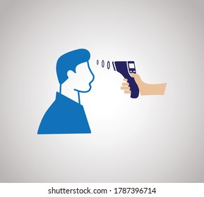 Icono de comprobación de temperatura. Cuerpo humano pistola de comprobación de la fiebre por infrarrojos no de contacto con el símbolo del hombre simple fondo del vector del icono