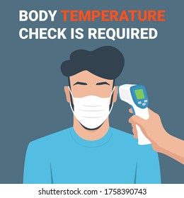 ilustración de comprobación de temperatura. Hombre midiendo la temperatura corporal y usando una ilustración vectorial de máscara facial