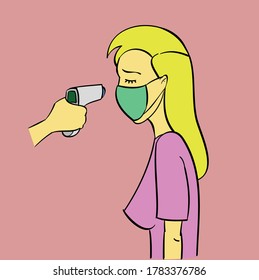 ilustración de comprobación de temperatura. Hombre midiendo la temperatura corporal y usando una ilustración vectorial de máscara facial