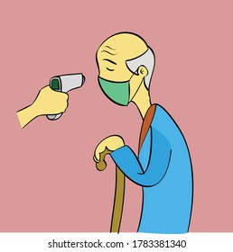 temperature check illustration. Man measuring body temperature and wearing a face mask vector illustration