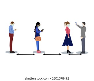 Temperature check and keep social distance concept, white background 