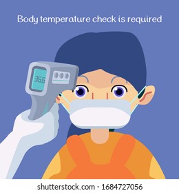 Temperature Check Text On Blue Backdrop. Woman In Mask For Social Banner Or Propaganda, Hygiene Promotion, Medical Poster. Chemist Shop Logo Or Info Card. Cartoon Style Stock Vector Illustration