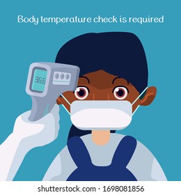 Temperature Check Text On Blue Backdrop. Afro Woman In Mask For Social Banner Or Propaganda, Hygiene Promotion, Medical Poster. Chemist Shop Logo Or Info Card. Cartoon Style Stock Vector Illustration