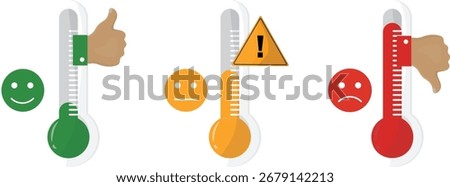 Temperature Climate Change. Three thermometers showing temperature levels isolated on transparent background. Climate indicators. Global warming.. Climate crisis. Climate risk. Vector illustration