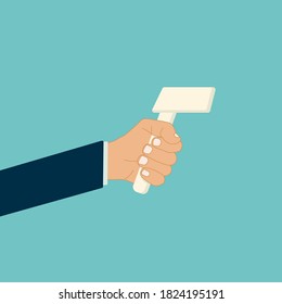 temperature control check scanner scan vector. corona virus infection protection prevention measurement. infrared thermometer forehead head by hand. illustration. 