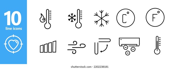 Temperature Control Icons Set. Thermometer, High Temperature, Cold, Snowflake, Degrees, Fresh Air, Wind, Air Conditioner, Blades. Temperature Control Concept. Vector Line Icon For Business.