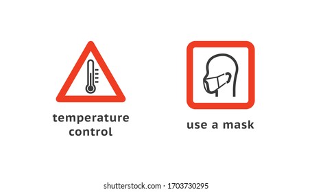 Temperature control and use a mask. Signs for public places. Warning sign recommend use of protective face mask in prevention Coronavirus. Health concept.