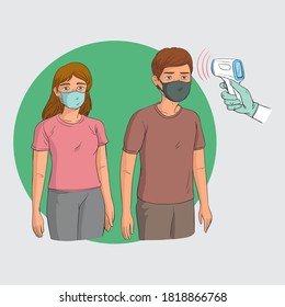 Temperature coronavirus checkpoint people line scan , Illustration cartoon
