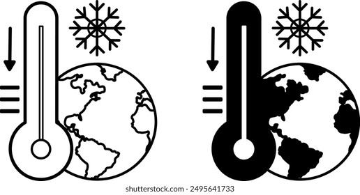 Temperature Decrease Icons. Black and White Vector Icons. Snowflake, Planet Earth, and Thermometer with Down Arrow. Cold Season. Climate Change Concept
