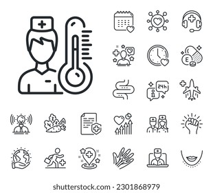 Temperature diagnostic sign. Online doctor, patient and medicine outline icons. Thermometer with doctor line icon. Fever measuring symbol. Thermometer line sign. Vector