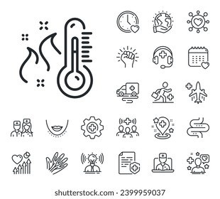 Temperature diagnostic sign. Online doctor, patient and medicine outline icons. High thermometer line icon. Fever measuring symbol. High thermometer line sign. Vector