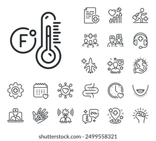 Temperature diagnostic sign. Online doctor, patient and medicine outline icons. Fahrenheit thermometer line icon. Fever measuring symbol. Fahrenheit thermometer line sign. Vector