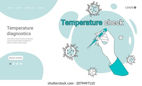 Temperature diagnostics.People measure temperature, prevention of COVID-19 diseases.An illustration in the style of a landing page in green.