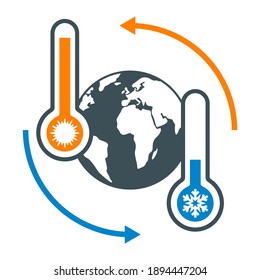 Temperature of earth planet flat icon, Global warming sign, Earth with hot and cold thermometers colorful pictogram. Symbol, logo illustration. Flat style design. Vector illustration