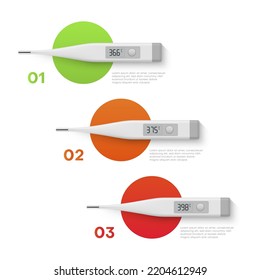 Temperature with electronic thermometer measurement steps infographic scheme realistic vector illustration. Healthy disease degree indicator medical measure scale with normal high and higher level