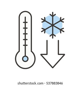 Temperature falling color icon. Thermometer with snowflake. Cold winter weather. Isolated vector illustration