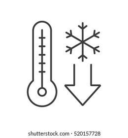Temperature falling linear icon. Thin line illustration. Thermometer with snowflake. Cold winter weather contour symbol. Vector isolated outline drawing