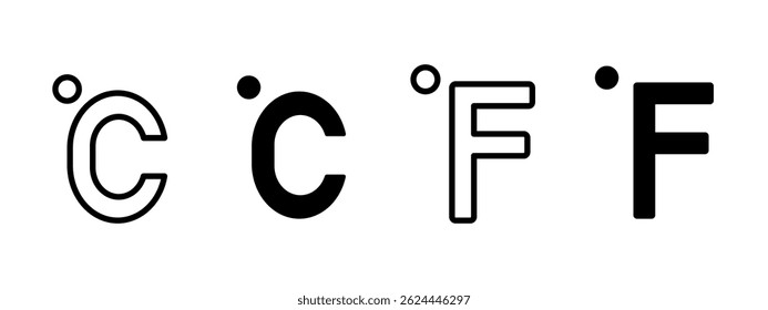 ícone Temperatura. Ilustração vetorial dos símbolos de grau Celsius e Fahrenheit. Unidades de medida para o calor e o frio. Pictograma de previsão meteorológica que representa a escala de temperatura e os dados climáticos.