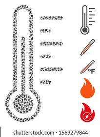 Temperature icon composition of abrupt parts in variable sizes and color tinges, based on temperature icon. Vector uneven parts are organized into composition.