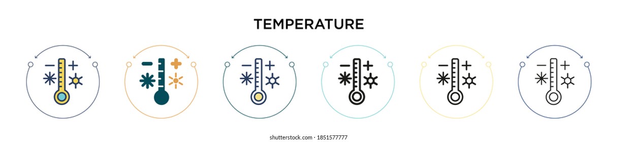 Temperature icon in filled, thin line, outline and stroke style. Vector illustration of two colored and black temperature vector icons designs can be used for mobile, ui, web
