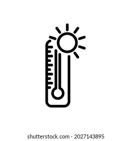 Temperature Icon In Flat Style. Good Weather Symbol Isolated On White Background Sun And Termometer Icon In Black Weather, Hot And Warm Climate Concept Vector Icon For Graphic Design, Web, App.