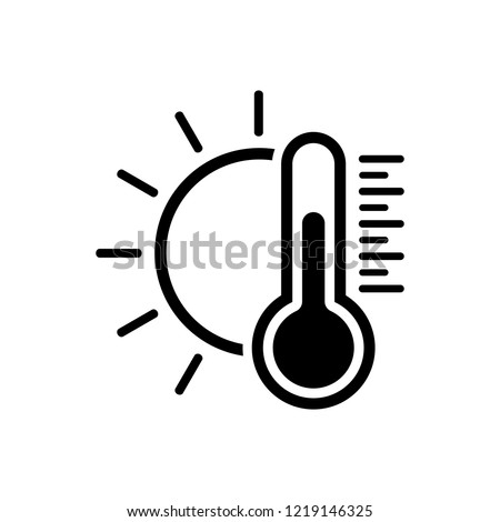 Temperature icon in flat style. Good weather symbol isolated on white background Sun and termometer icon in black Weather, hot and warm climate concept Vector illustration for graphic design, Web, app
