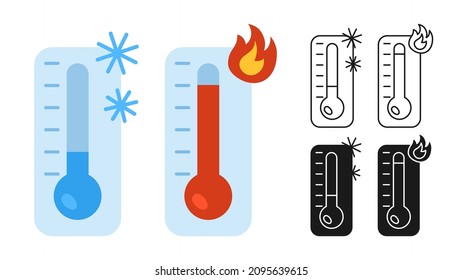 Temperature icon hot and cold set. Symbol hot, warm with sun, cold and snowflake meteorology thermometers. Celsius and Fahrenheit equipment temperature measuring. Vector sign collection