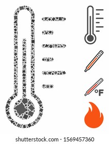 Temperature icon mosaic of unequal items in different sizes and color tones, based on temperature icon. Vector rough dots are grouped into mosaic. Temperature icons collage with dotted pattern.