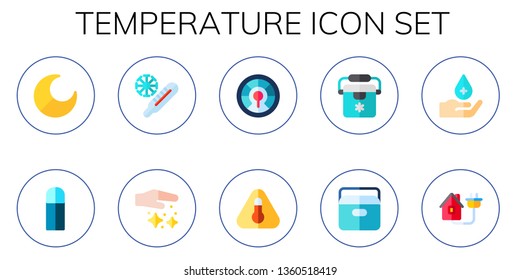 temperature icon set. 10 flat temperature icons.  Simple modern icons about  - night, thermo, cold, dust, thermometer, high temperature, freezer, portable fridge, wash, smart house
