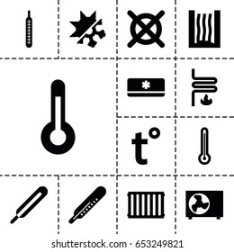 Temperature icon. set of 13 filled temperatureicons such as thermometer, no dry cleaning, themometer, heating system, air conditioner, temperature, cold and hote mode