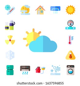 temperature icon set. 17 flat temperature icons. Included cold, thermo, radiator, cloudy, freezer, manometer, thermometer, high temperature, fridge, mist, air conditioner icons