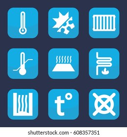 Temperature icon. set of 9 filled temperature icons such as no dry cleaning, thermometer, heating system, cold and hote mode, radiator, heating system in car