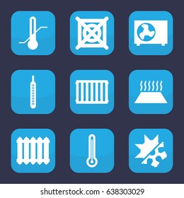 Temperature icon. set of 9 filled temperature icons such as no dry cleaning, thermometer, air conditioner, cold and hote mode, radiator