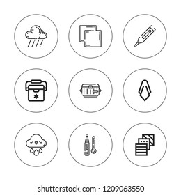 Temperature icon set. collection of 9 outline temperature icons with fabric, freezer, fridge, rain, thermometer, unite icons. editable icons.