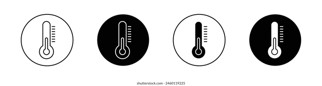 Temperature icon set. high and low temperature thermometer vector symbol. summer warm climate sign in black filled and outlined style.