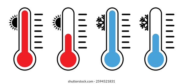 Temperature icon set. Low and high temperature symbol in colour style for website logo design. Cold and hot icon symbol. Thermometer vector sign isolated on white background. Vector image.