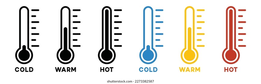 Temperatursymbol eingestellt. Symbol für Temperaturskala. Wetterzeichen. Thermometersymbole. Symbol für warme und kalte Lufttemperatur im Farbstil für Apps und Websites, Vektorgrafik