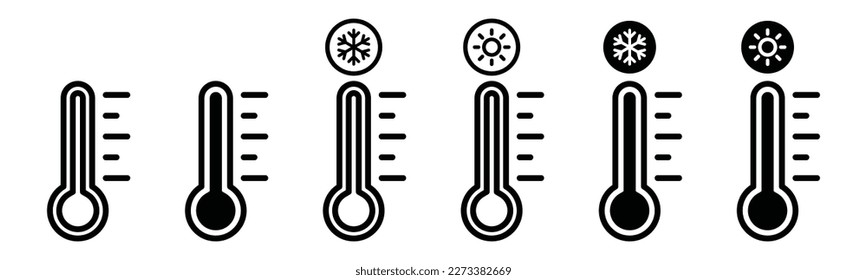 Temperature icon set. Temperature scale icon symbol. Weather sign. Thermometer icons. Warm and cold air temperature symbol in line and flat style for apps and websites, vector illustration