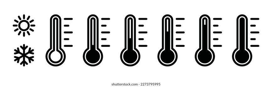 Temperature icon set. Temperature scale icon symbol. Weather sign. Thermometer icons. Warm and cold air temperature symbol for apps and websites, vector illustration