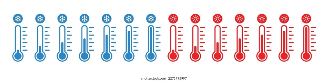 Temperature icon set. Temperature scale icon symbol. Weather sign. Thermometer icons. Warm and cold air temperature symbol in color style for apps and websites, vector illustration